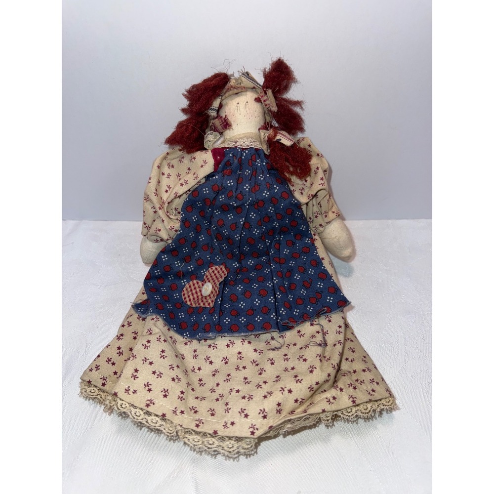 Handmade Primitive Rag Doll 1994 Folk Art Cloth Doll Red Yarn Hair 12 Inch
